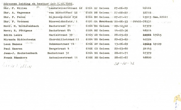 1986-10-01 adreslijst bestuur en leiding Hochstenbach